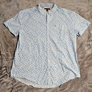Tommy Hilfiger Blue White Floral XXL Slim Fit Button Down Short Sleeve Shirt